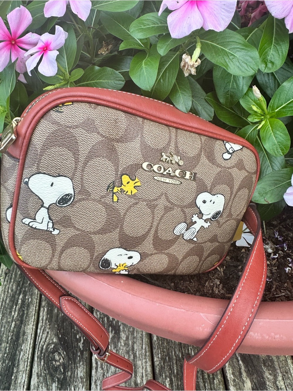 Coach Brown Signature Snoopy & Woodstock Crossbody with Rust Trim
